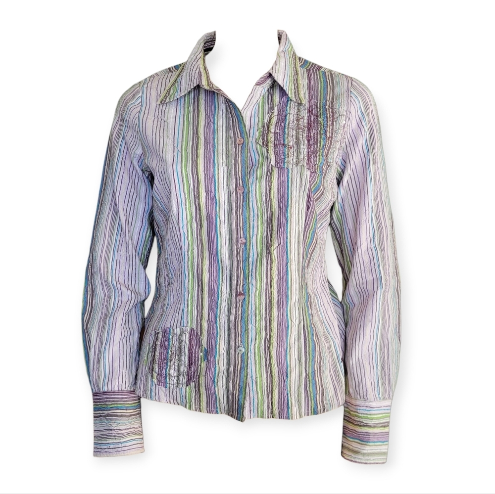 Vintage Y2K Point Zero Striped Crinkle Blouse Embellished Sequins Small